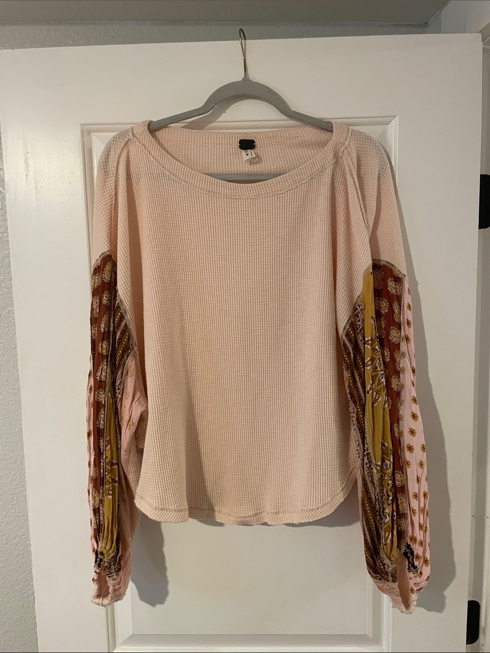 We The Free Pink Waffle Knit Top with Patterned Balloon Sleeves